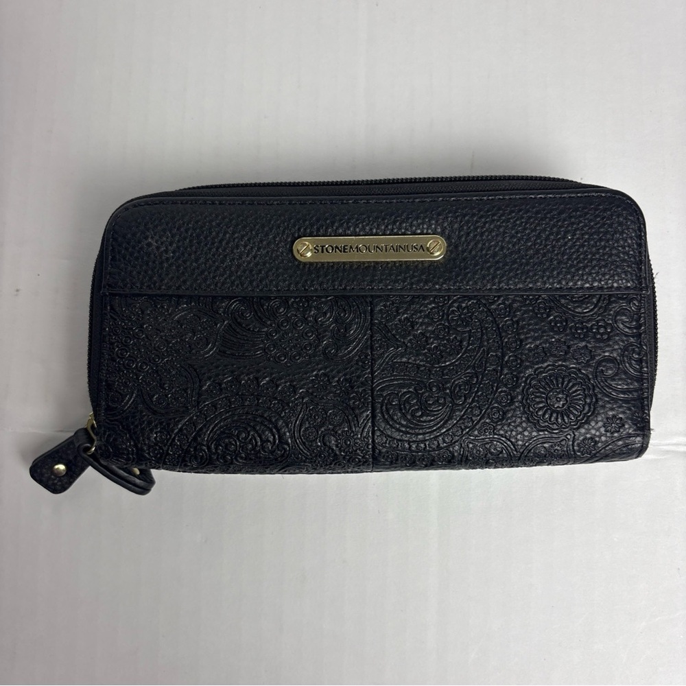 Stone Mountain USA Black Tooled Women's Wallet Paisley Floral Leather Card Hold